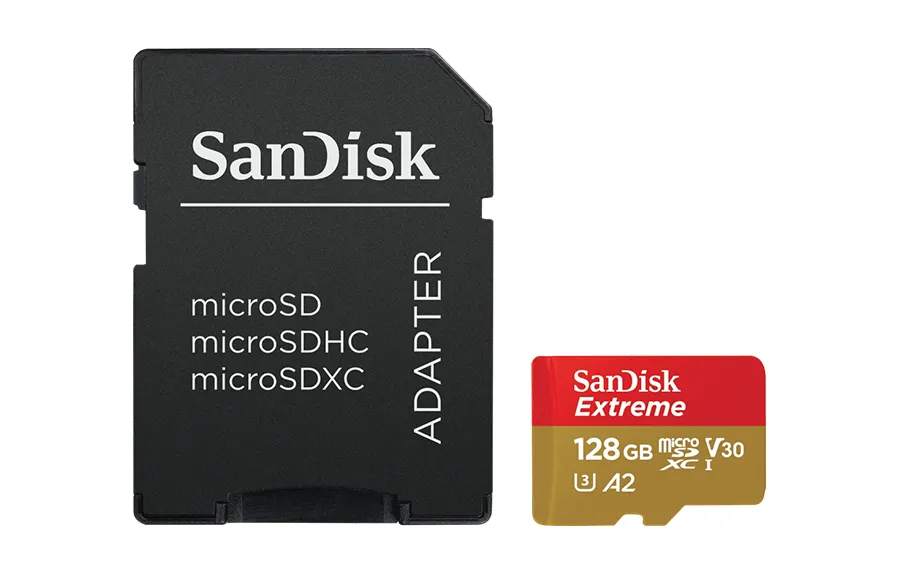 Karta pamięci SanDisk Extreme microSDXC 128 GB A2 C10 V30 UHS-I U3 ActionCam (190 MB/s) + adapter SD